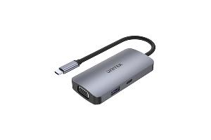 uHUB P5 D1051A, UNITEK, Type C Adapter, 5-in-1 Type-C to HDMIx2, VGA, USB 3.1, PD 100W, 15cm.